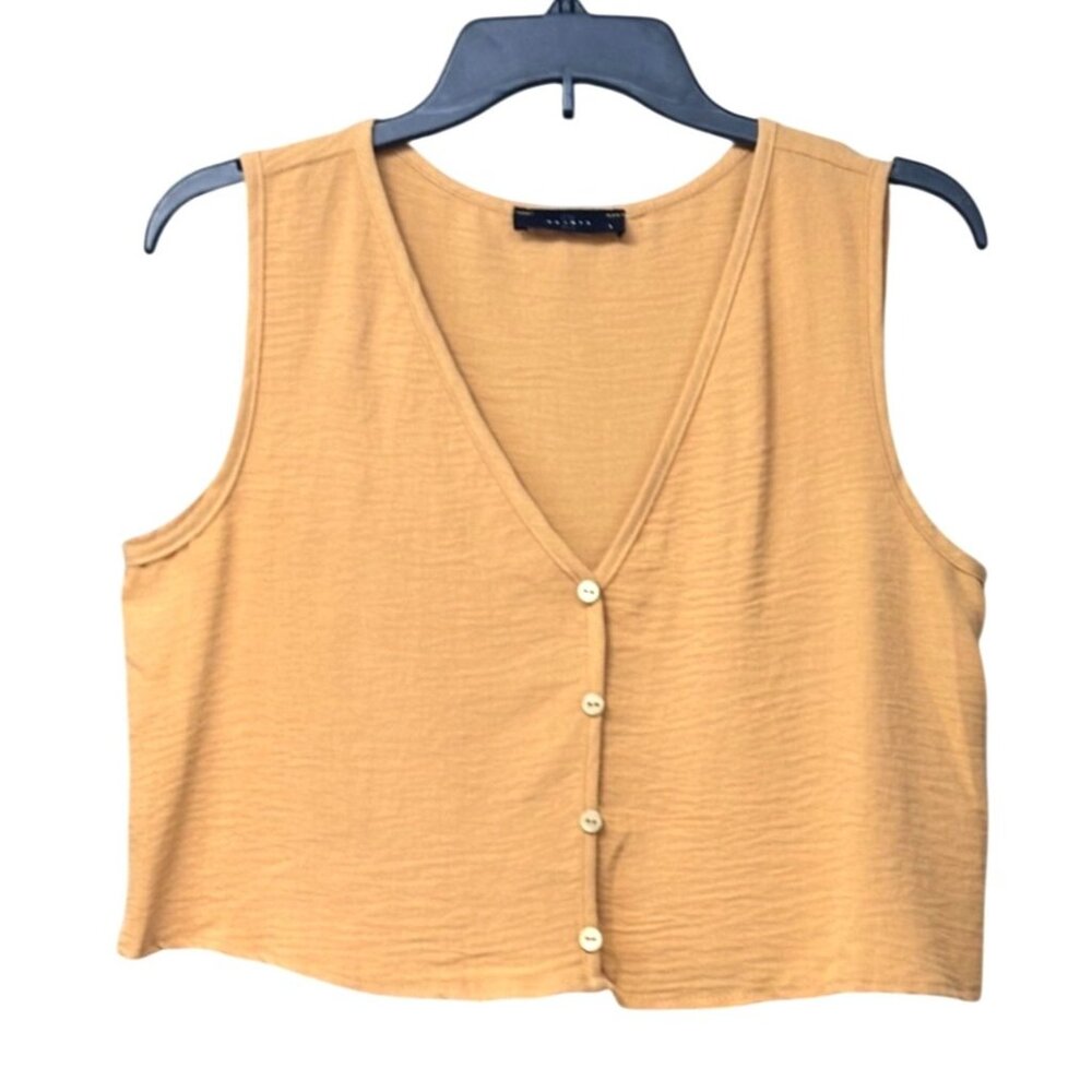 21 Saints Fauz Button Up, Cropped Textured Woven Tank Top, Mustard Yellow, Sz. L